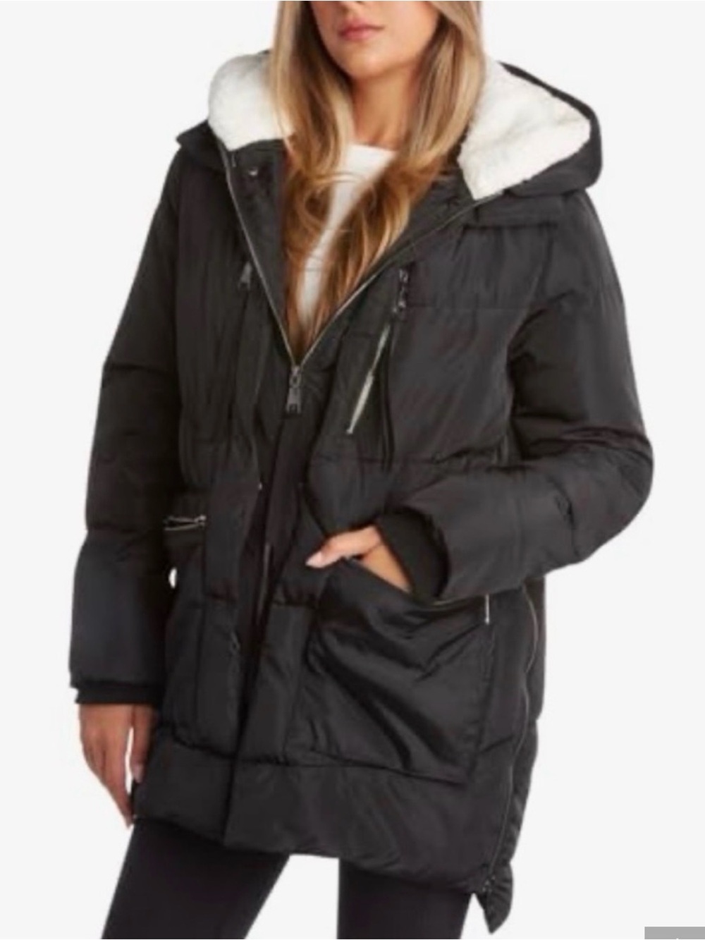 Steve Madden Longline Puffer Coat with Sherpa hood lining